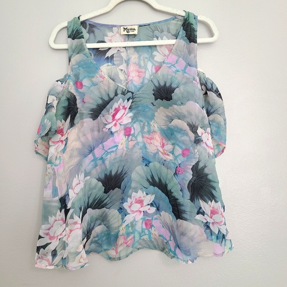 Show Me Your MuMu Tops - Show Me Your Mumu Hazel Ruffle Cold Shoulder Tropical Floral Lily Pad Pastel Top